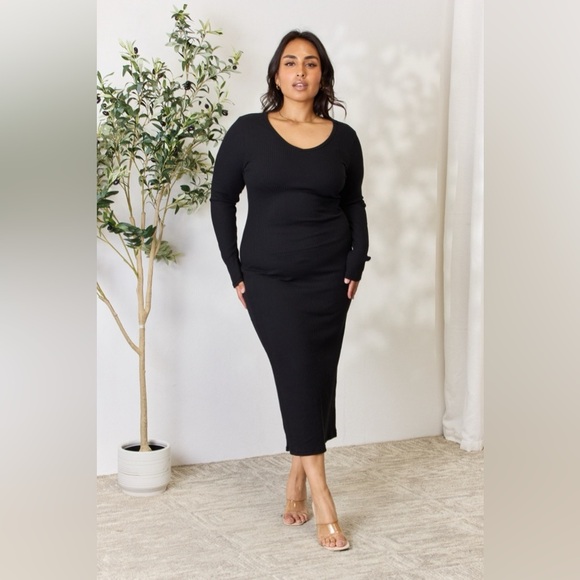 Culture Code Ribbed Long Sleeve Midi Slit Dress - Picture 1 of 13